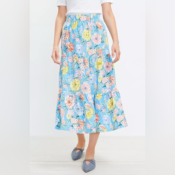 LOFT Floral Tiered Pull On Midi Skirt Women's SIZE LARGE linen blend - Picture 2 of 5